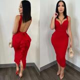 Solid Color Low Back Deep V Bow Elastic Slit Bodycon Dress