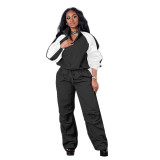 Autumn And Winter Women's Stand Collar Color Block Long Sleeve Top Cargo Trousers Windbreaker Sports Casual Two-Piece Set