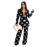 Women's Fashion Casual Polka Dot Print Blazer Pants Two Piece Suit