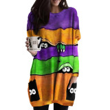 Halloween Printed Pocket Round Neck Long Sleeve Women's Top