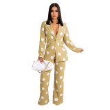 Women's Fashion Casual Polka Dot Print Blazer Pants Two Piece Suit