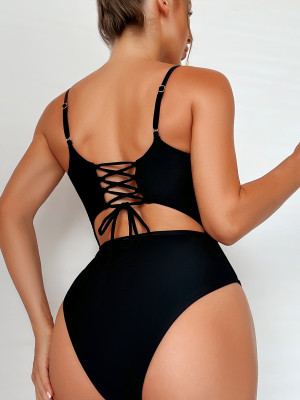 Solid Color Lace-Up Low Back One Piece Sexy Bikini Swimsuit