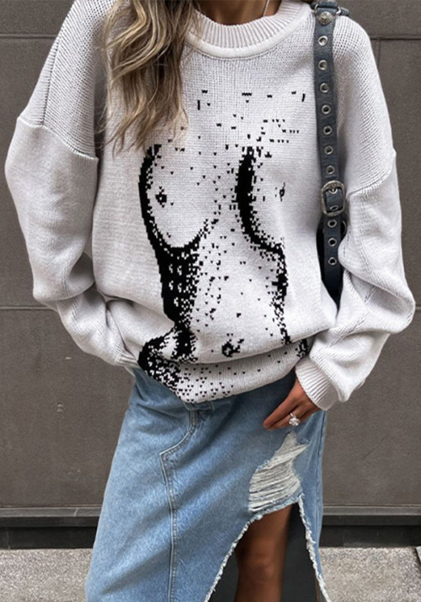 Women's Autumn Fashion Printed Loose Round Neck Knitting Long Sleeve Tops For Women