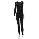 Women's Autumn Fashion Sexy Hollow Slim One Shoulder Long Sleeve Jumpsuit