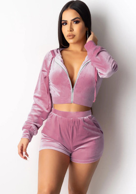 Women Long Sleeve Veet Hooded Top and Shorts Two Piece Set