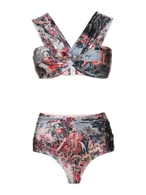 Women Holidays Beach Skirt Retro Print Swimwear Three-Piece