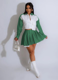 Women Turndown Collar pocket sexy contrast striped shirt and pleated skirt two-piece set