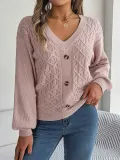 Women Casual Button Balloon Sleeve Sweater