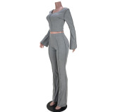 Women Ribbed Long Sleeve Top and Bell Bottom Pants Casual Two Piece Set