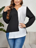 Plus Size Women Color Block Irregular Long Sleeve Shirt