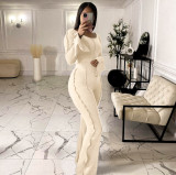 Women Ribbed Long Sleeve Top and Bell Bottom Pants Casual Two Piece Set
