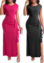 Sexy Fashion Solid Color Round Neck Ruffle Women's Dress