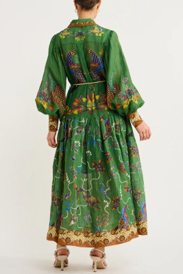 Autumn Printed Printed Long Sleeve Button Up Long Dress For Women
