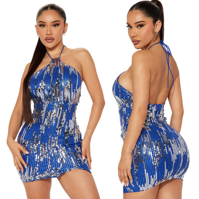 Fashionable Lace-Up Halter Low Back Sexy Women's Sequin Party Dress