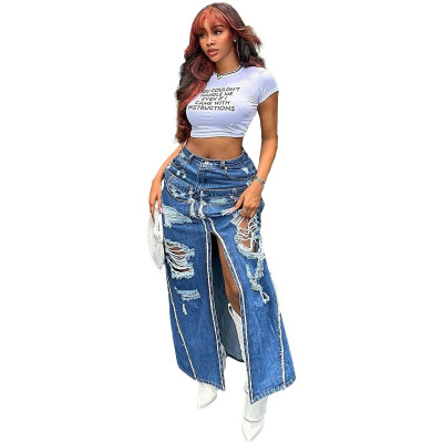 Women Ripped Washed Slit Patchwork Sexy Denim Skirt