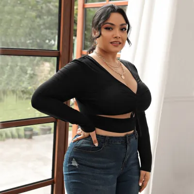 Plus Size Women Sexy V-Neck Black Long Sleeves Basics Top