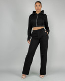 Women Casual Solid Zipper Hoodies and Pant Two-Piece Set