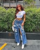 Women Ripped Washed Slit Patchwork Sexy Denim Skirt