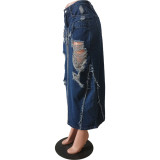 Women Ripped Washed Slit Patchwork Sexy Denim Skirt