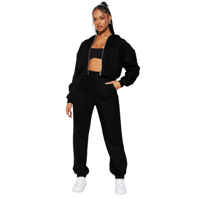 Women Casual Solid Zipper Hoodies and Pant Two-Piece Set