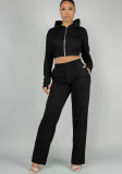 Women Casual Solid Zipper Hoodies and Pant Two-Piece Set