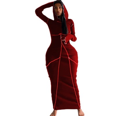 Women's Patchwork Hooded Long Sleeve Sexy Long Dress