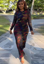 Sexy Printed Stretch Round Neck Long Sleeve Bodycon Tight Fitting Mermaid Long Dress