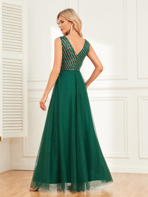 Dark Green Women's Double V Neck Sleeveless Evening Dress Striped Sequin Patchwork A-Line Elegant Dress