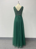 Dark Green Women's Double V Neck Sleeveless Evening Dress Striped Sequin Patchwork A-Line Elegant Dress