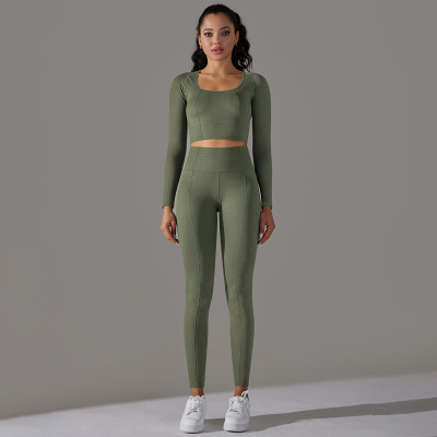 Seamless Knitting Solid Color Jacquard Low-Cut Tight Fitting Long-Sleeved Yoga Suit Sports Fitness Two-Piece Set