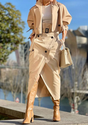 Autumn Versatile Casual Chic Button Belt Cargo Suit Two Piece Skirt Set