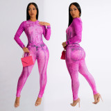 Summer Women's Sexy Tight Fitting Printed Bodysuit Pants Two Piece Set