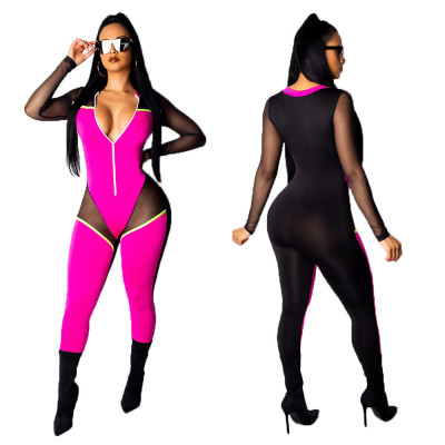 Sexy Plus Size Women's Clothing Color Block Mesh Long Sleeve Zipper Casual Jumpsuit