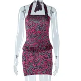 Fashion Printed Sexy Halter Straps Low Back Casual Bodycon Dress For Women