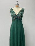 Dark Green Women's Double V Neck Sleeveless Evening Dress Striped Sequin Patchwork A-Line Elegant Dress