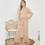 Women summer knitting short-sleeved Topand wide-leg pants two-piece set