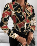 Plus Size Women Fall Long Sleeve V-Neck Button Printed Shirt