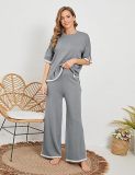 Women summer knitting short-sleeved Topand wide-leg pants two-piece set