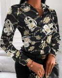 Plus Size Women Fall Long Sleeve V-Neck Button Printed Shirt