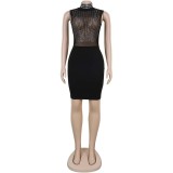 Women Sexy Beaded See-Through Turtleneck Dress