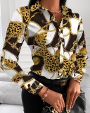 Plus Size Women Fall Long Sleeve V-Neck Button Printed Shirt