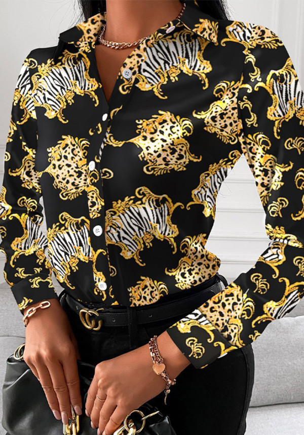 Plus Size Women Fall Long Sleeve V-Neck Button Printed Shirt