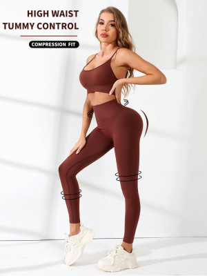 Women sports sexy strappy yoga bra and yoga pants two-piece set