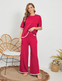 Women summer knitting short-sleeved Topand wide-leg pants two-piece set