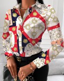 Plus Size Women Fall Long Sleeve V-Neck Button Printed Shirt