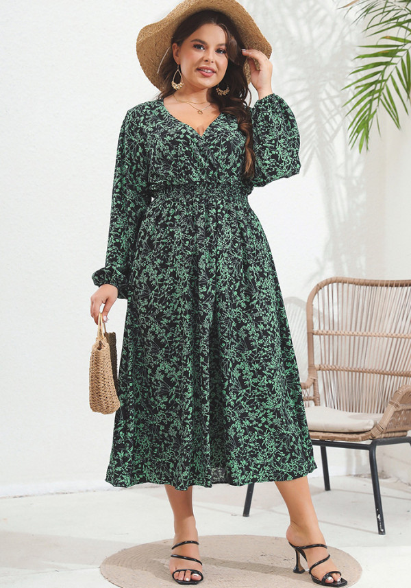 Plus Size Women's Autumn And Winter V-Neck Printed Dress