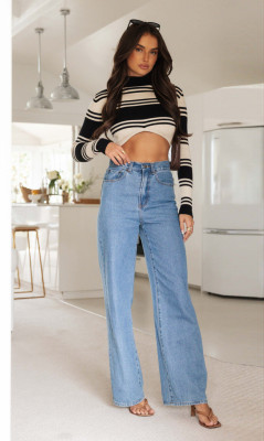 Washed Fashionable Long Denim Straight Leg Pants