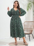 Plus Size Women's Autumn And Winter V-Neck Printed Dress