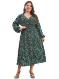 Plus Size Women's Autumn And Winter V-Neck Printed Dress