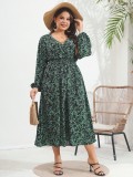 Plus Size Women's Autumn And Winter V-Neck Printed Dress